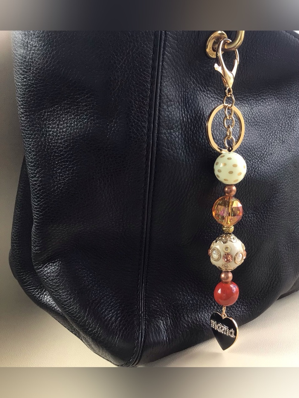 Mama Heart Beaded Charm Keychain - White, Pink, Coral & Gold Accents.